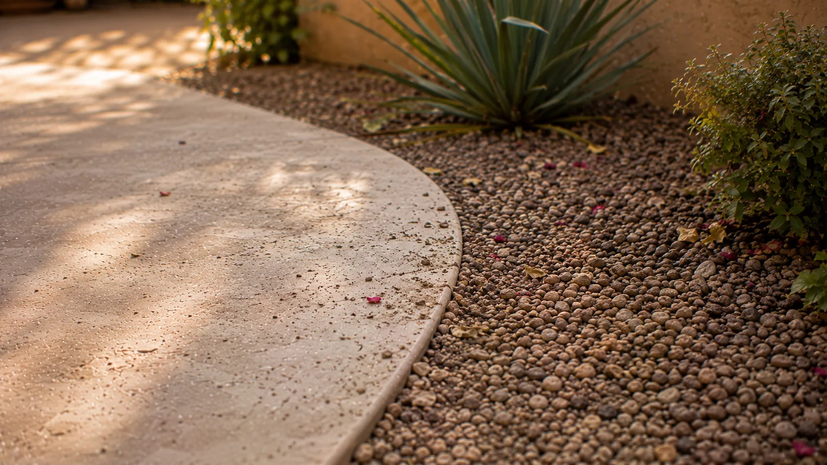 Close-up of a backyard maintenance transition where paving meets gravel, planting, and outdoor materials.