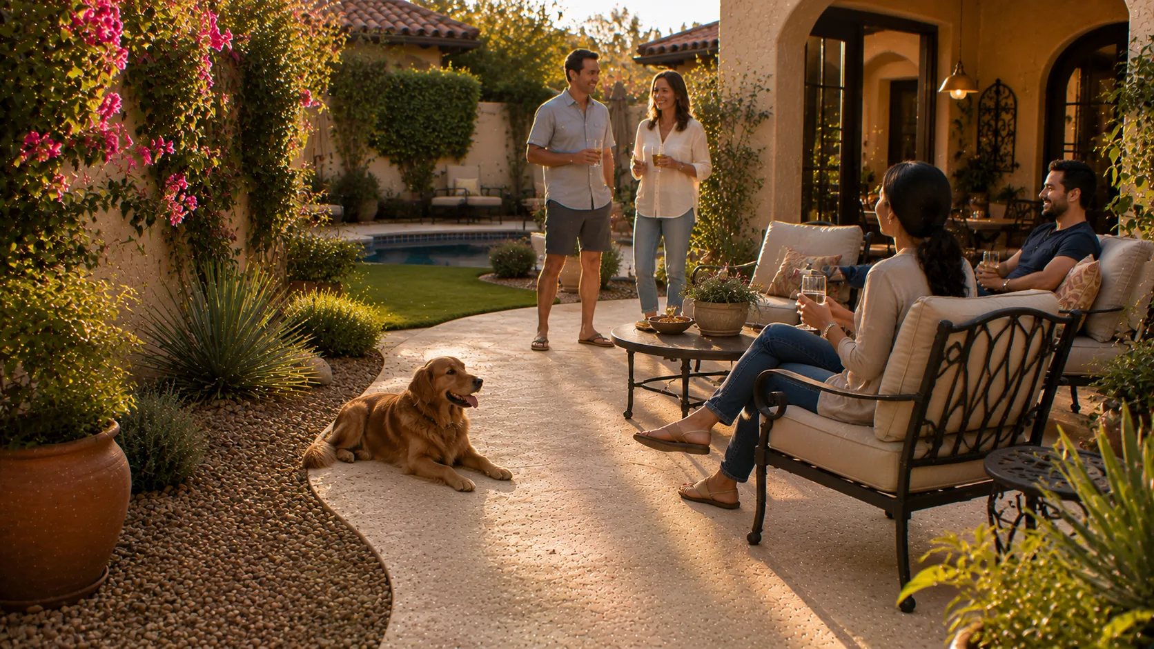 Residents and a dog enjoying a clean low-maintenance Arizona backyard after routine care.