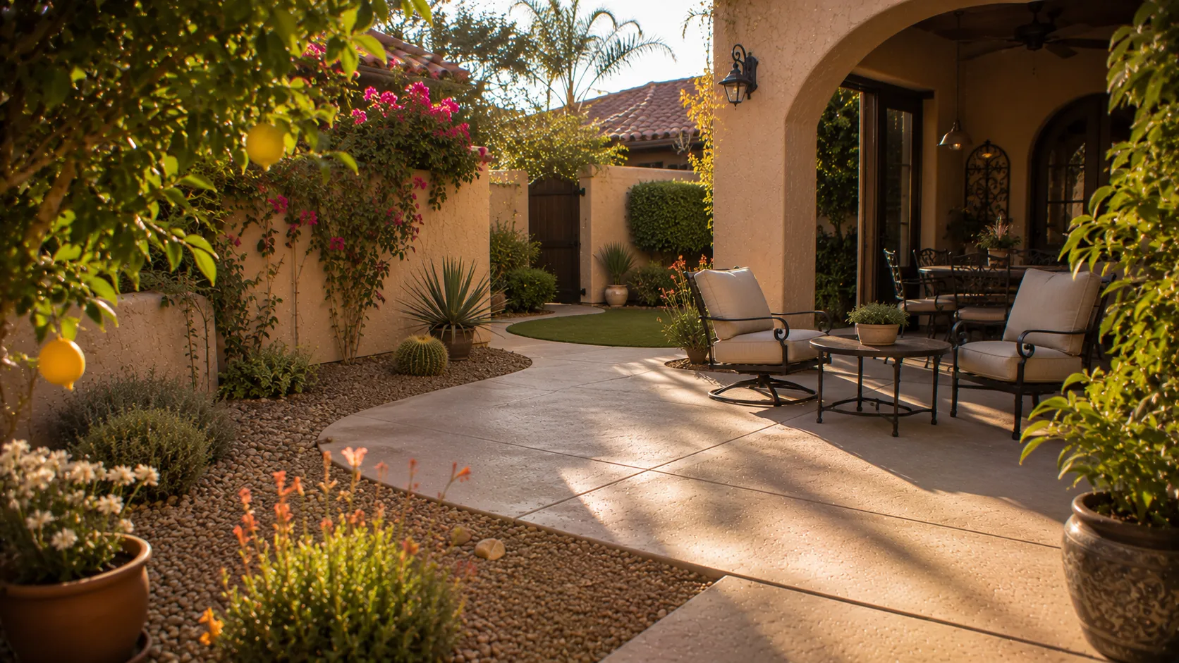 Clean low-maintenance Arizona backyard with patio, gravel, planting beds, and outdoor seating.