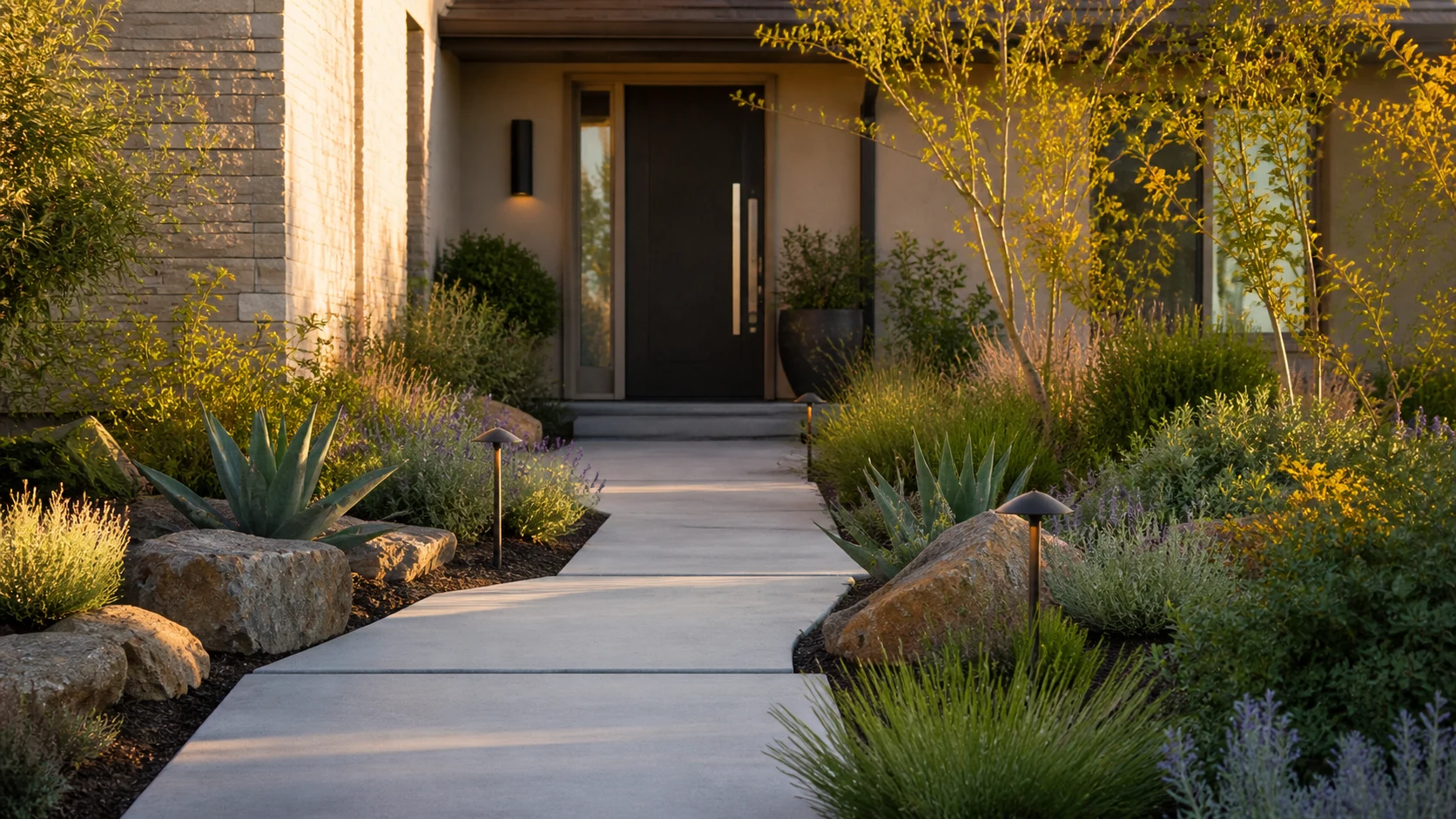 Clear front entry path framed by layered low-water planting and clean material edges.