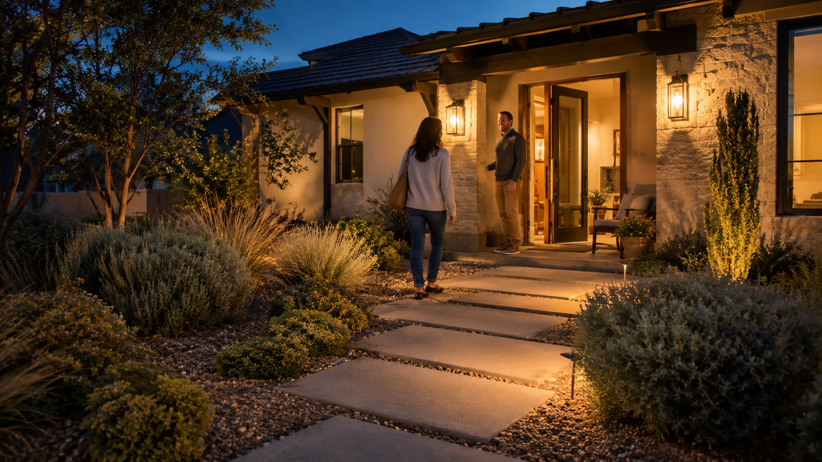 Low-water front yard and porch at blue hour with warm entry lighting and people using the walkway.