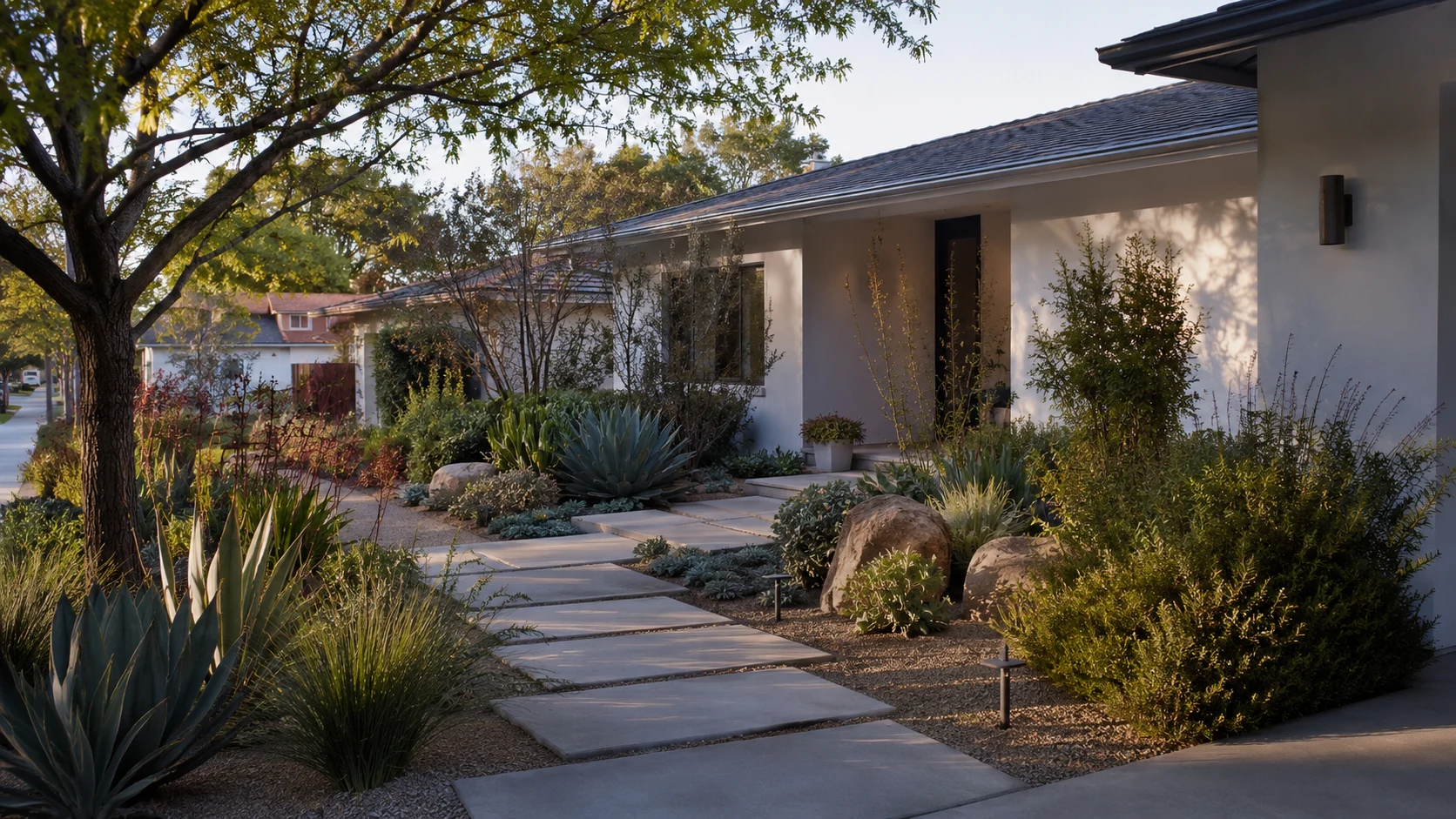 Low-water front yard with layered planting, a clear entry path, shade, and welcoming curb appeal.