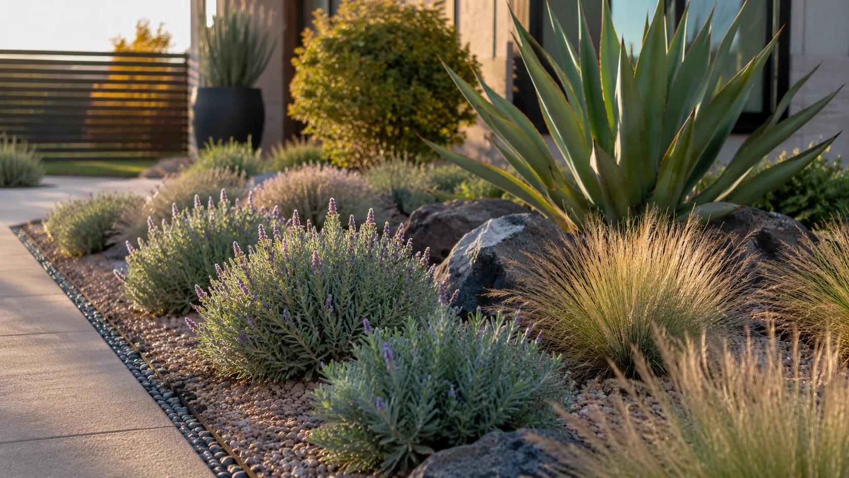 Repeated low-water plants grouped beside gravel, mulch, and a clean front-yard edge.