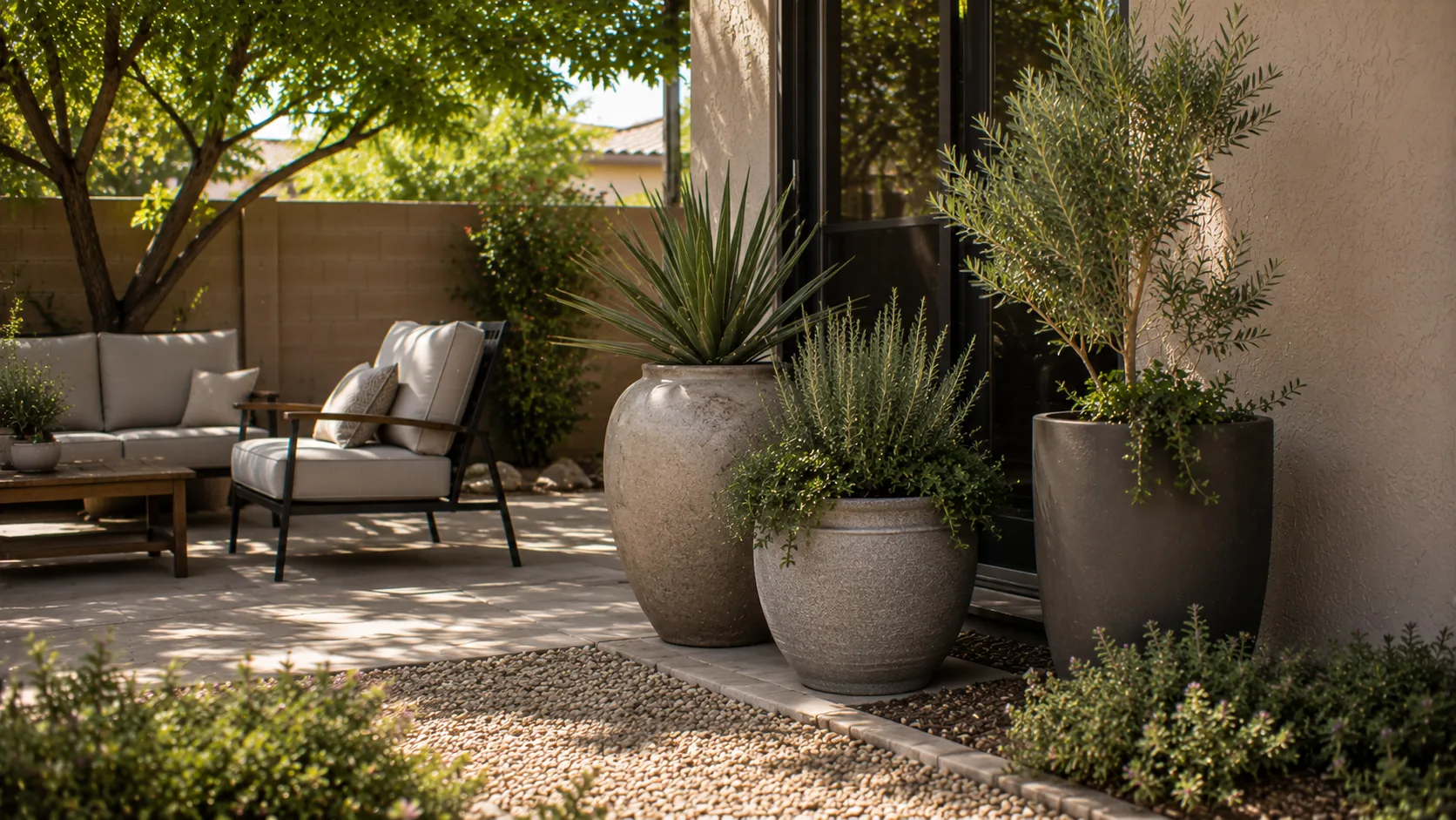 Low-water patio container grouping with unbranded substantial containers, shade-aware placement, and comfortable movement space.