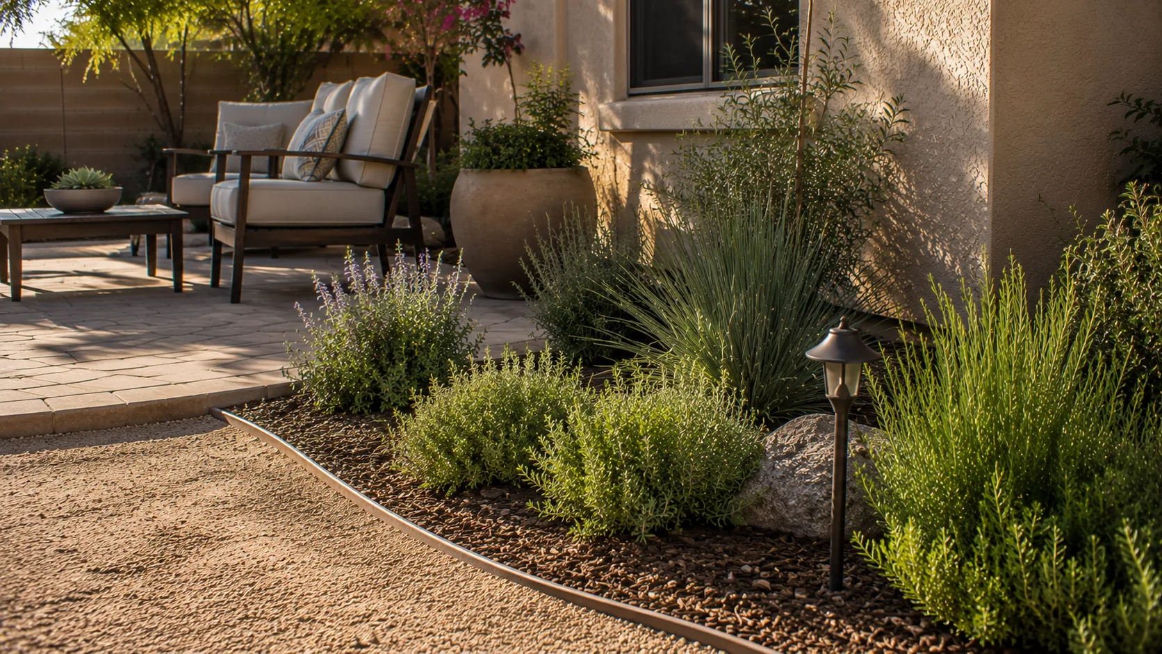 Patio-edge planting bed transition with low-water plants, organic mulch, gravel, and a clean hardscape edge.