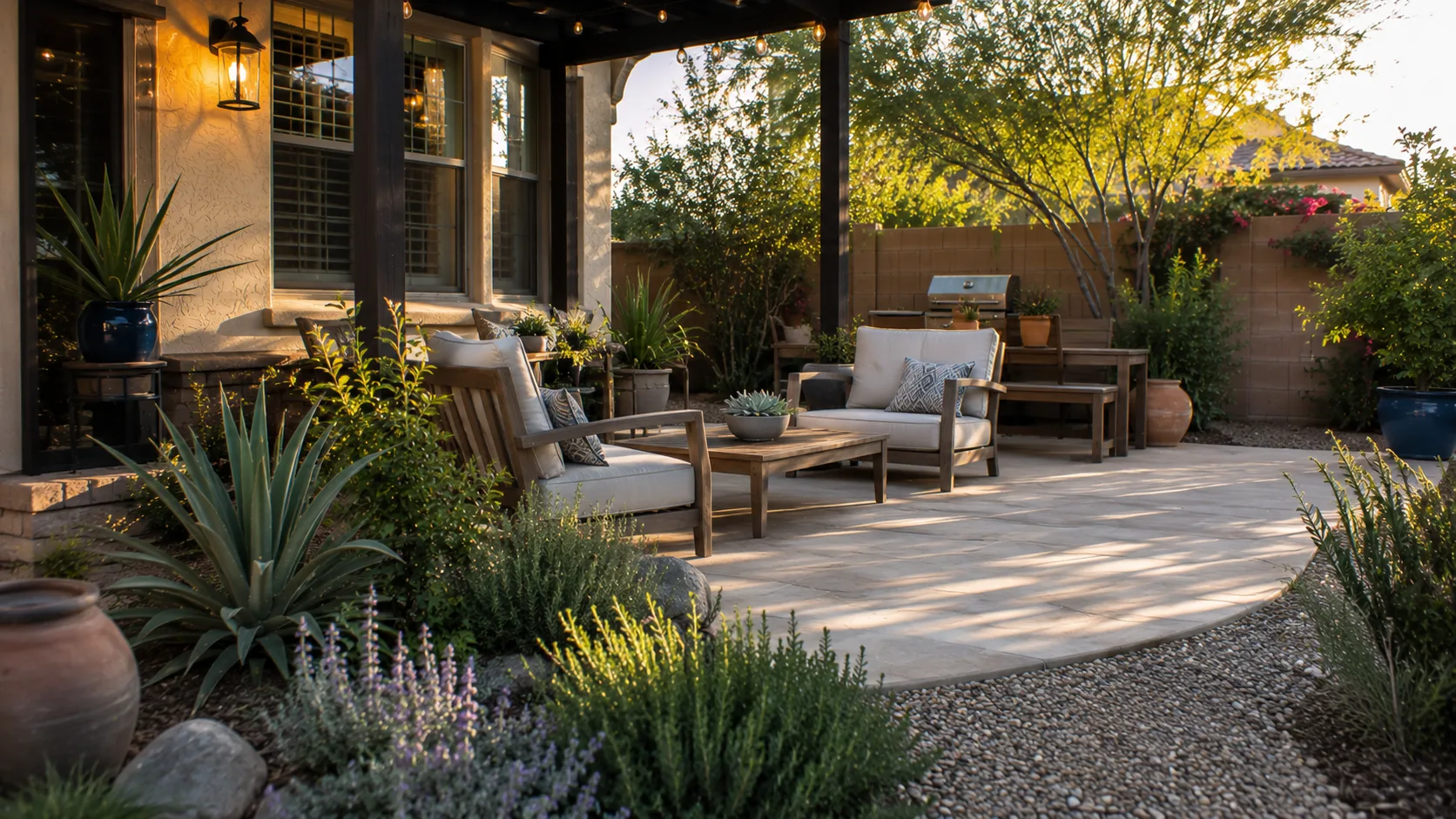 Comfortable hot-climate patio softened by low-water planting, restrained containers, and mulch or gravel transitions.