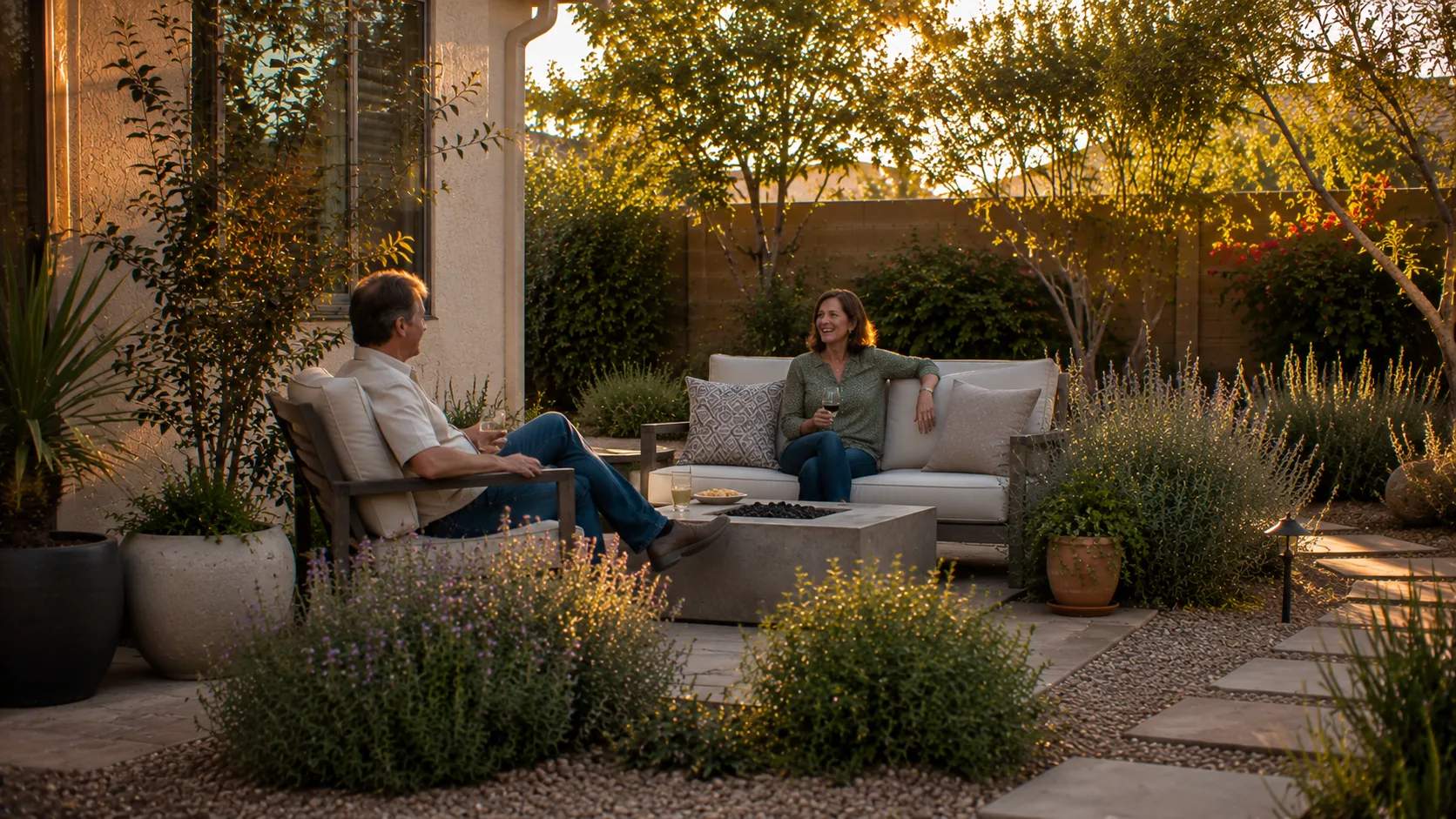 Residents enjoying a planted low-water patio with layered planting, restrained containers, and warm evening light.