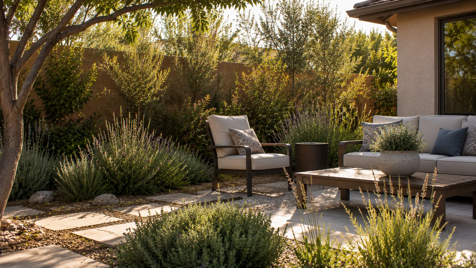 Patio planting filtering privacy near a fence while preserving airflow around a comfortable seating area.