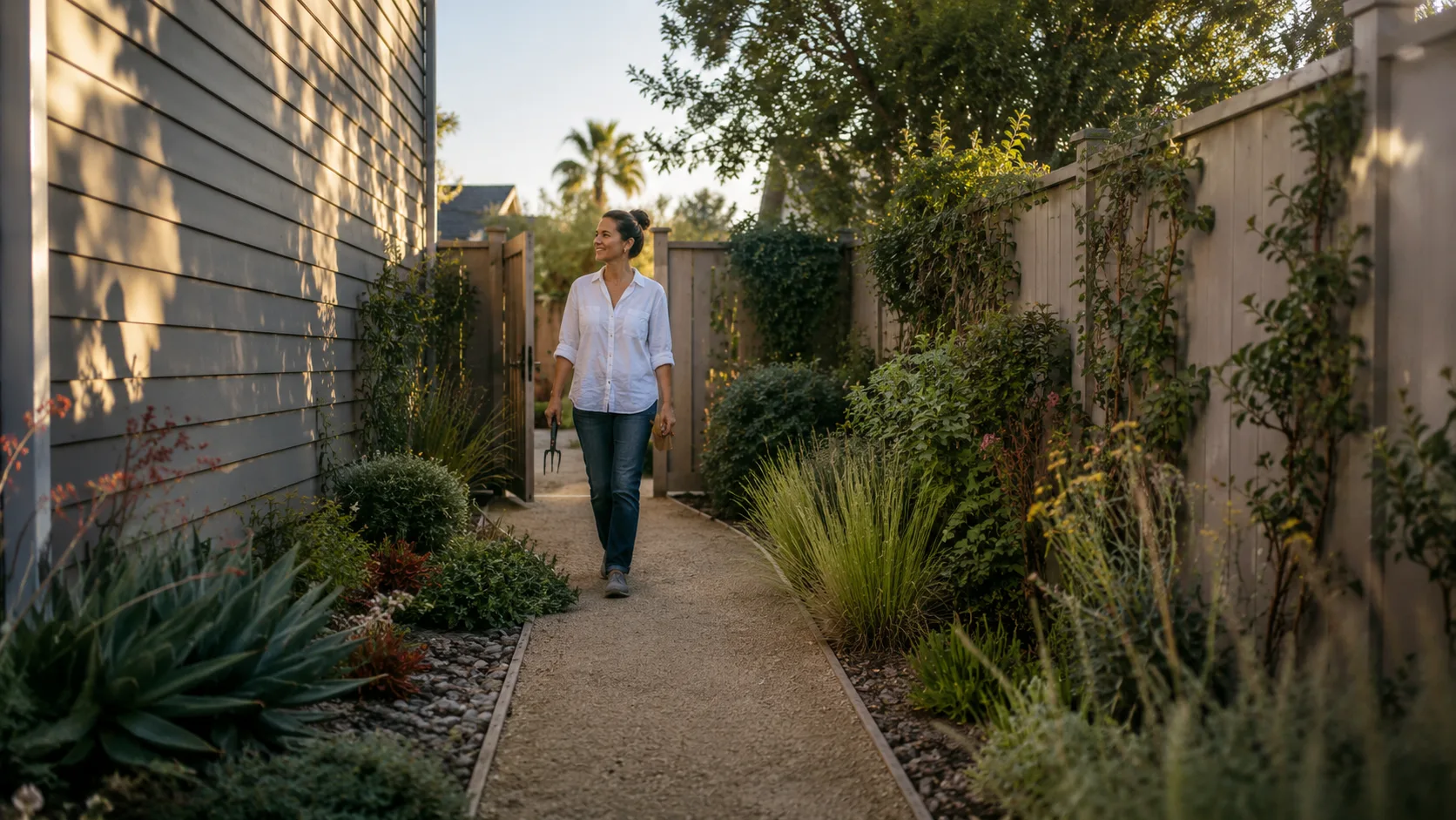 Low-water side yard with decomposed granite path, drought-tolerant planting, and a homeowner walking through the gate.