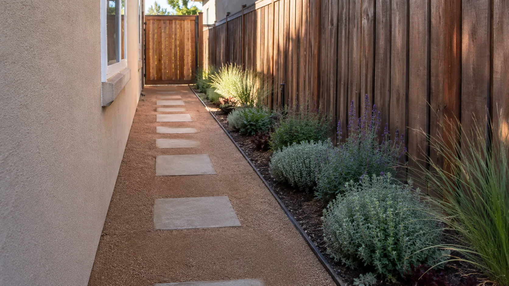 Narrow side yard with decomposed granite path, stepping stones, low edging, and waterwise planting.