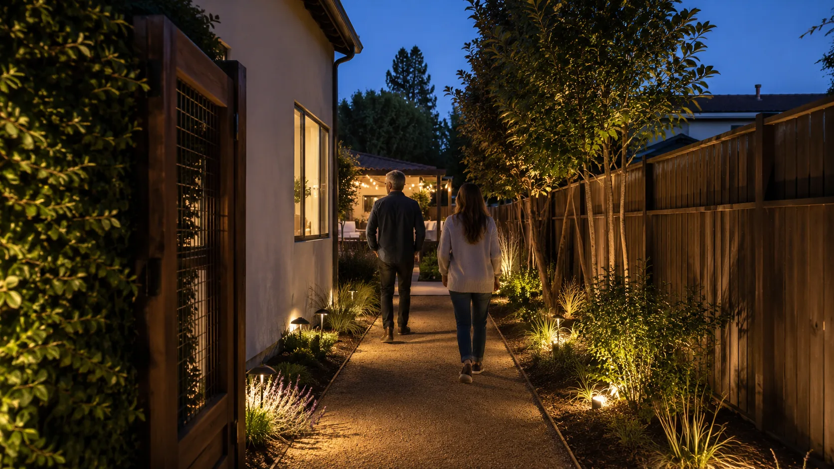 Blue-hour side yard with warm path lighting, low-water planting, and two people walking toward a backyard patio.