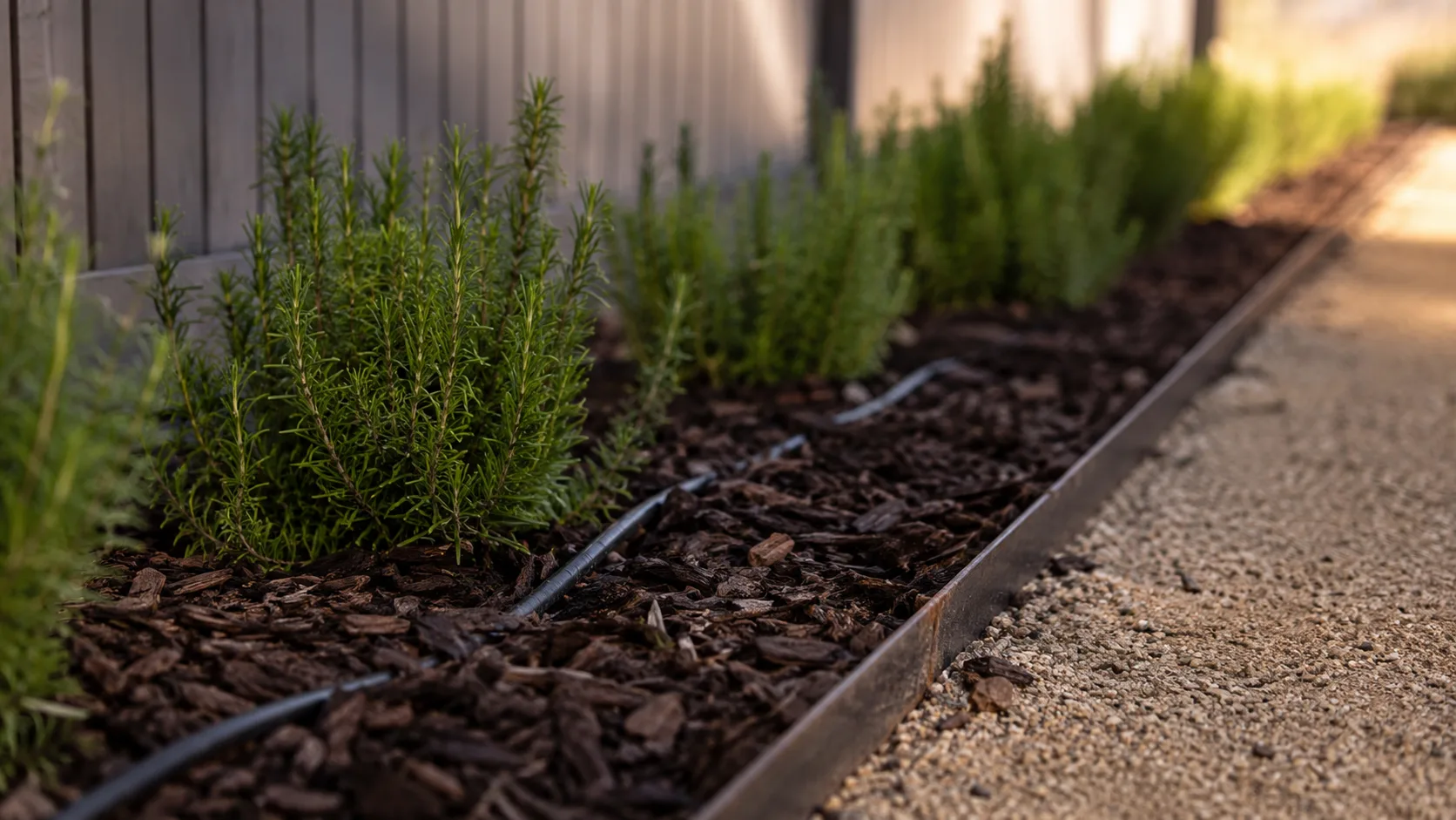 Low-water side-yard planting strip with mulch, drip tubing, clean edging, and gravel path.