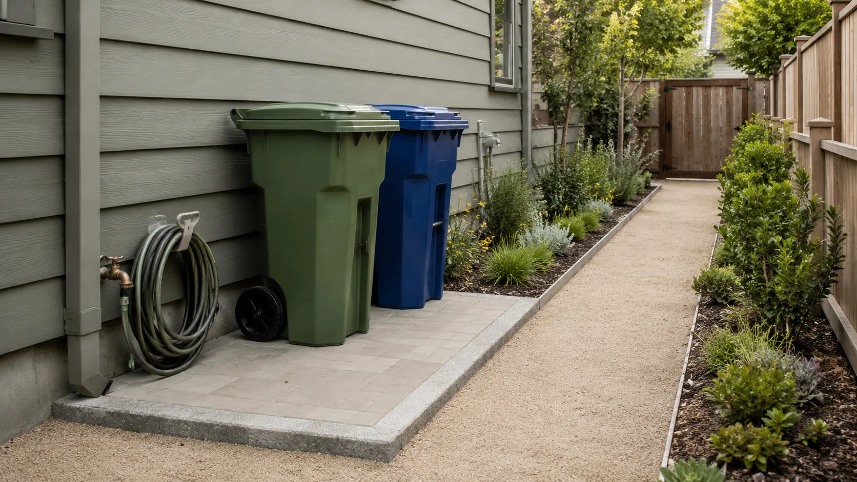 Tidy side-yard utility zone with unbranded bins, concrete landing, gravel path, hose access, and low-water planting.