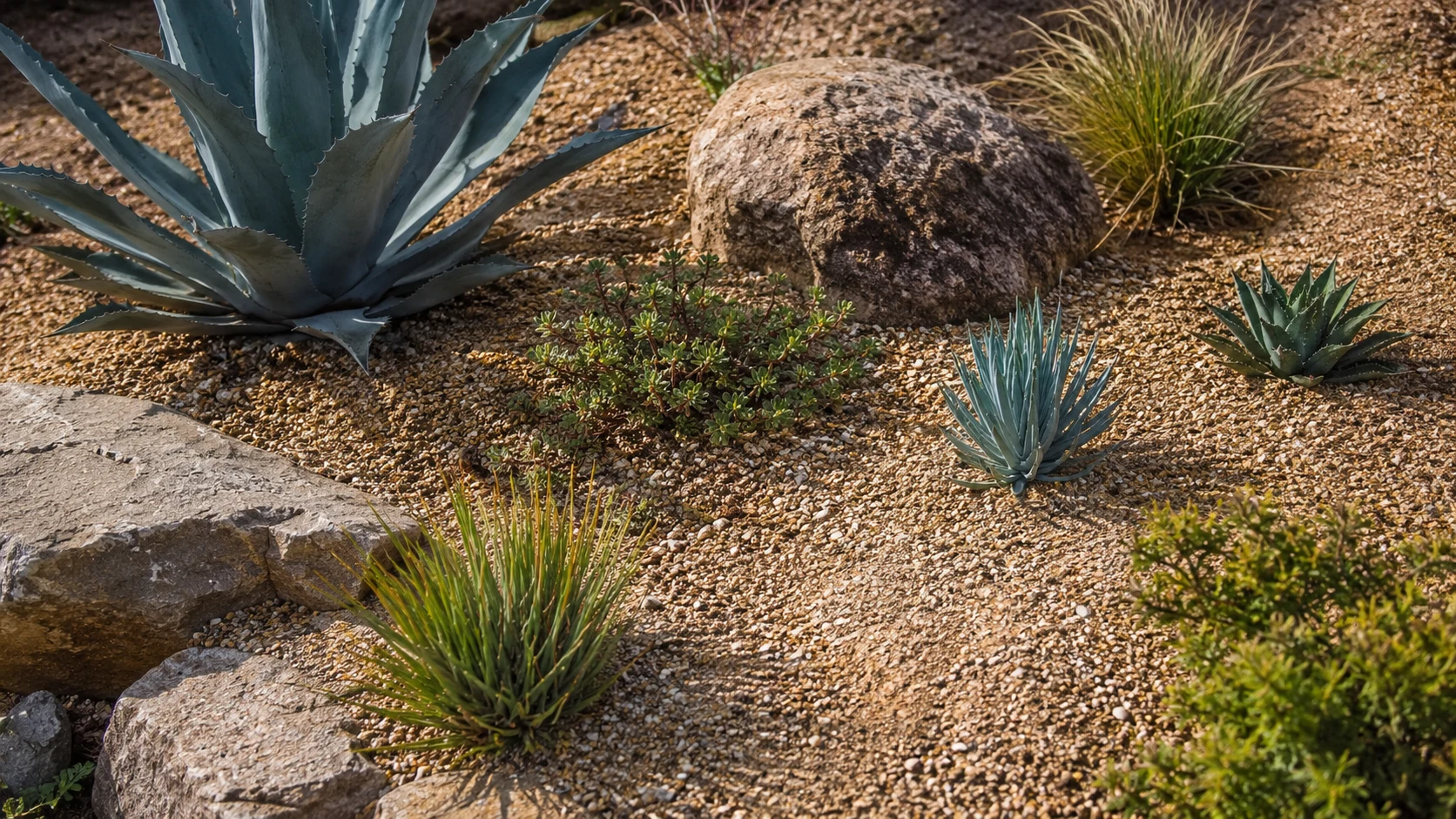 Gravel mulch around agave, ornamental grasses, and drought-tolerant shrubs in a low-water planting bed.