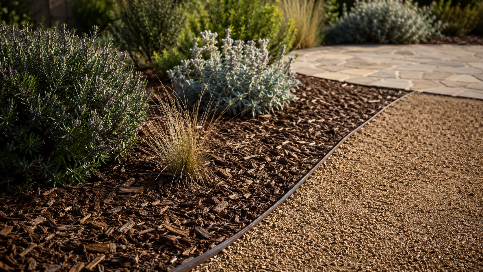 Clean edging between an organic mulched planting bed and a decomposed granite path.