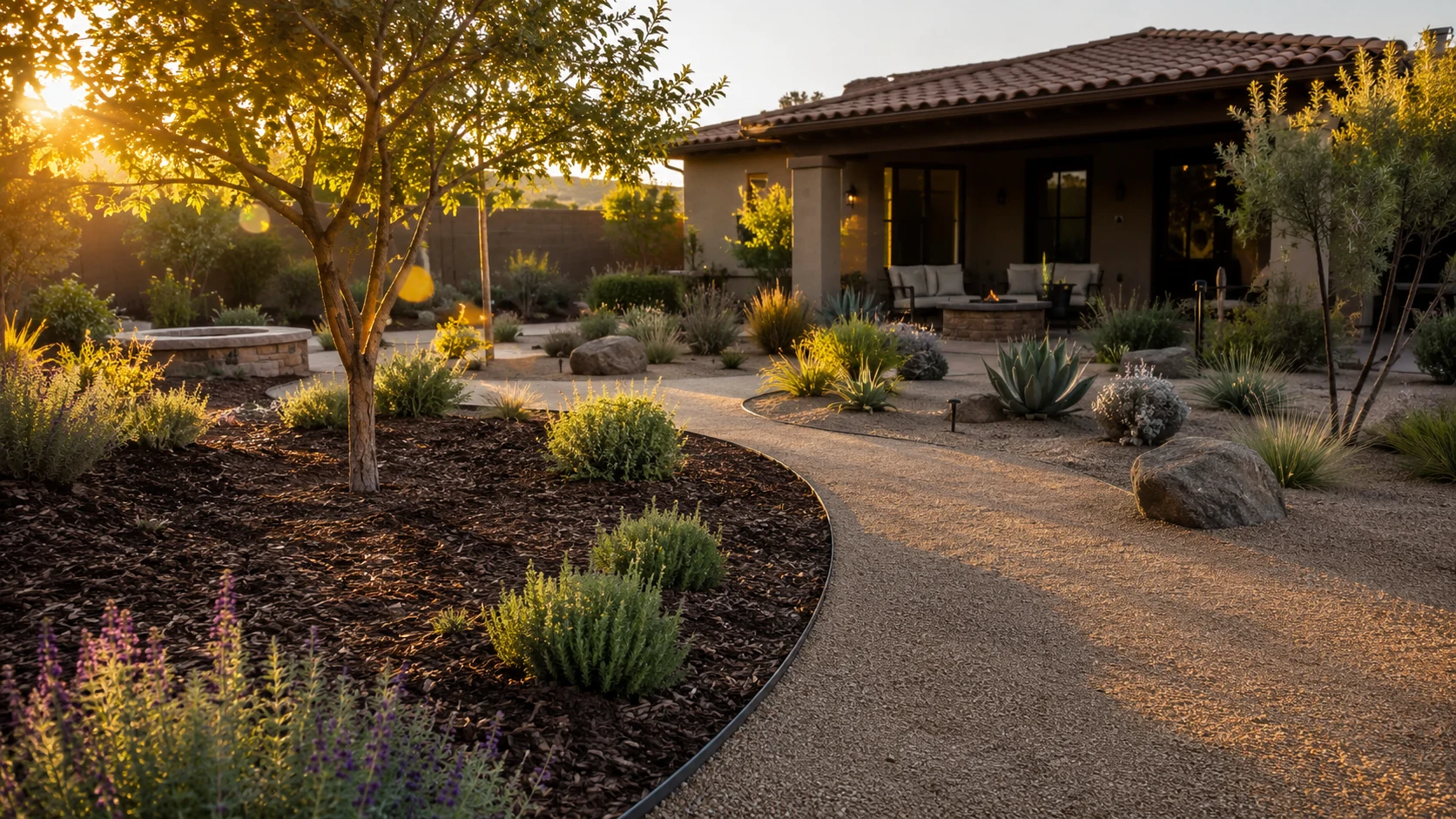 Low-water backyard with organic mulch planting beds, gravel zones, boulders, and drought-tolerant plants.