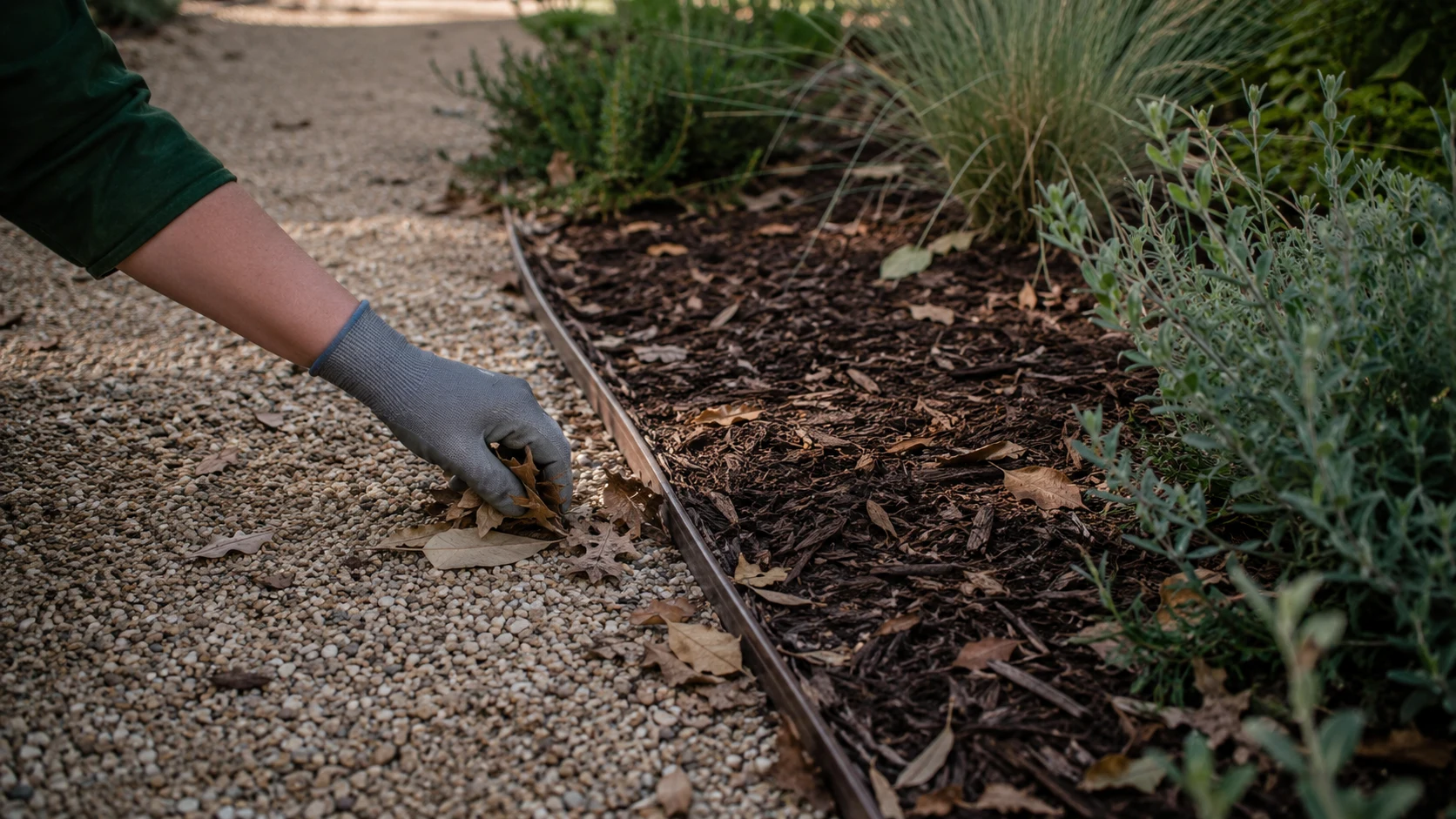 Gloved hand clearing leaves from a gravel path beside an organic mulched planting bed.