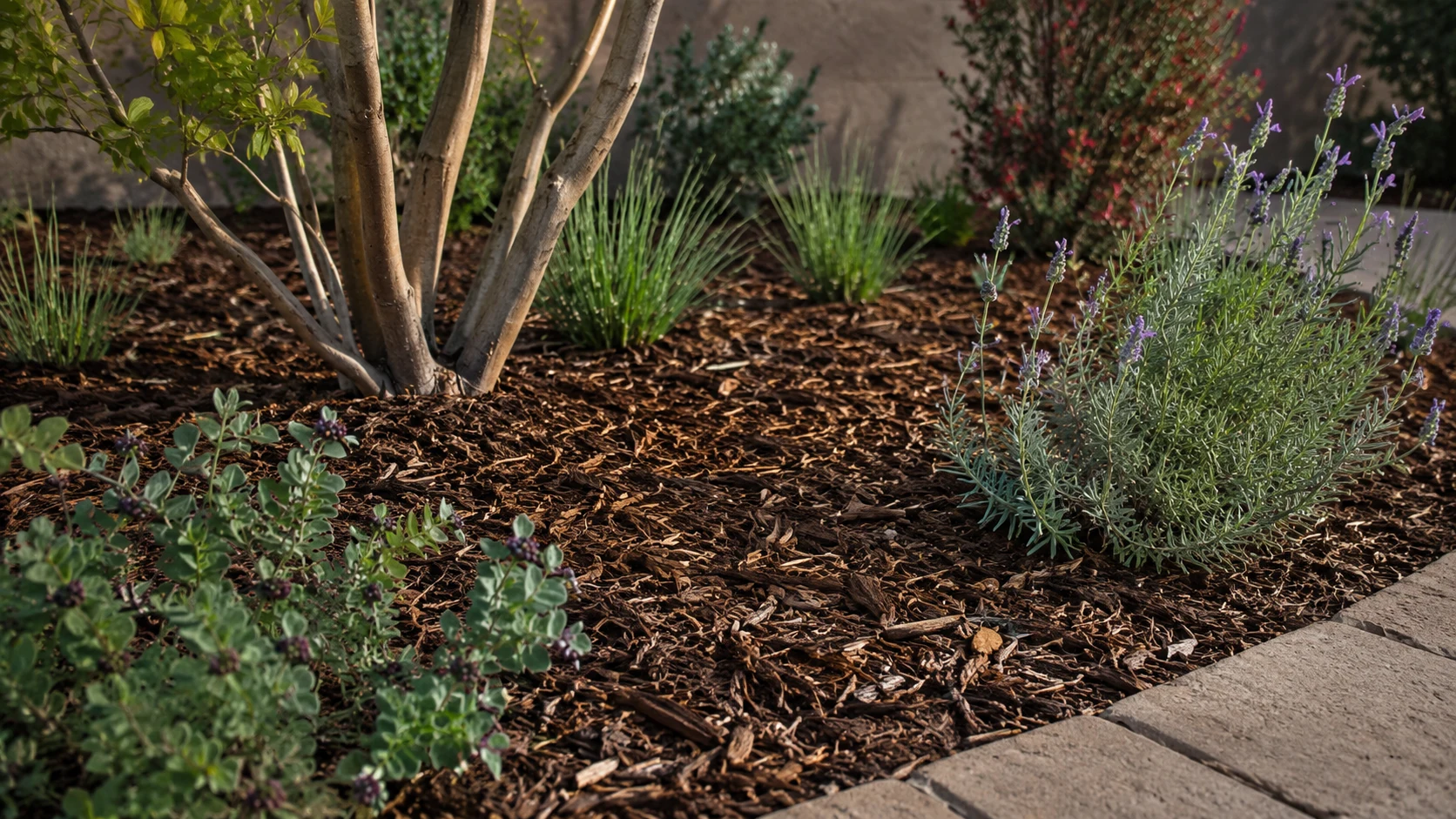Organic mulch around low-water shrubs and grasses with mulch kept away from woody stems.