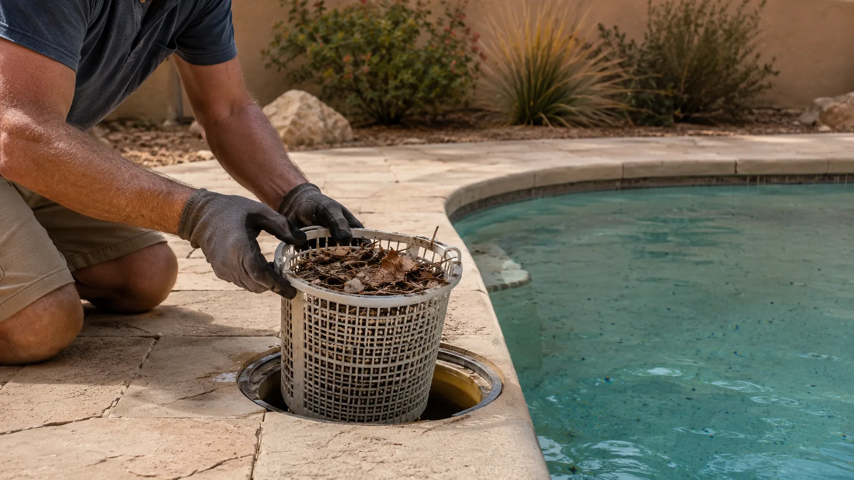 Gloved homeowner checking a pool skimmer basket filled with wind debris after a dust storm.