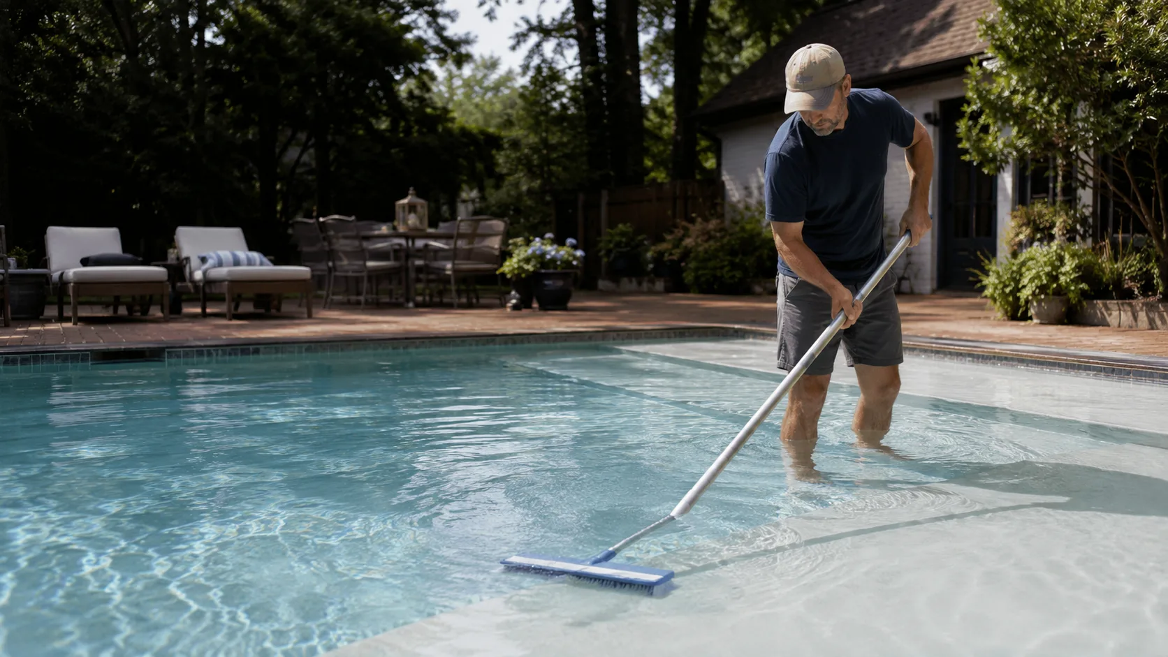Homeowner brushing pool steps to move fine dust toward circulation after a storm.