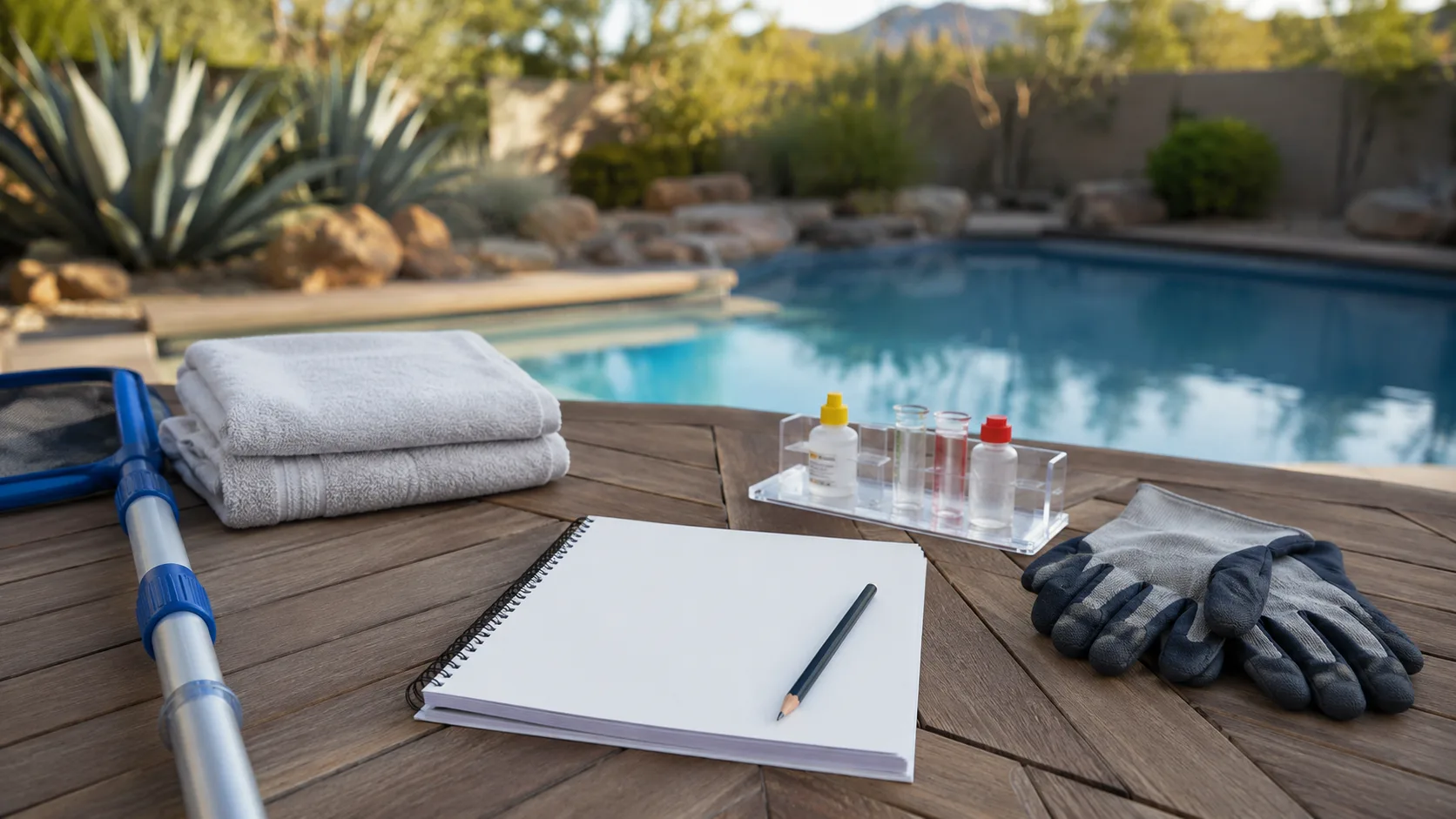 Blank pool storm-cleanup checklist with gloves, a net handle, and generic testing supplies on a patio table.