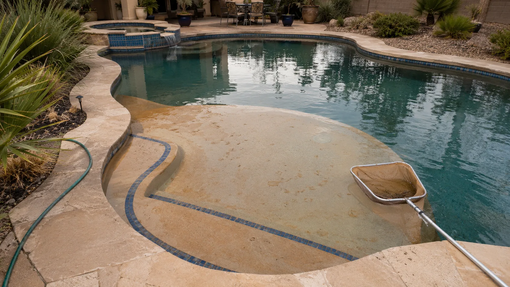 Residential backyard pool after a dust storm with subtle tan dust on the steps and a leaf net nearby.