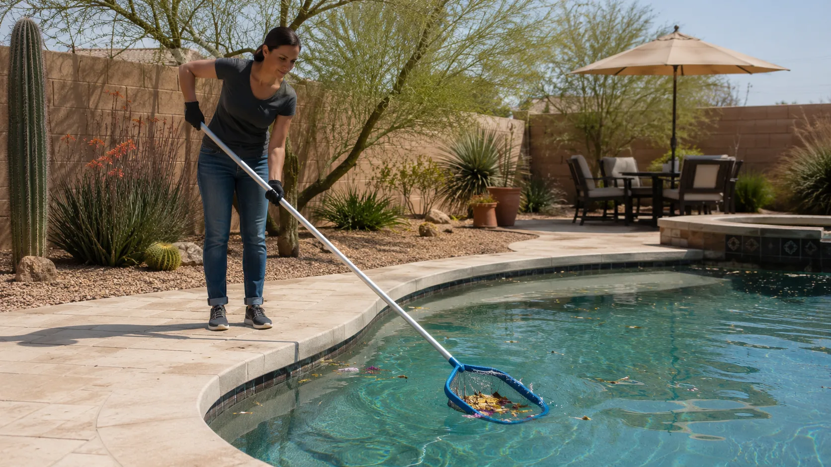 Homeowner skimming leaves and small wind debris from the surface of a backyard pool after a dusty storm.