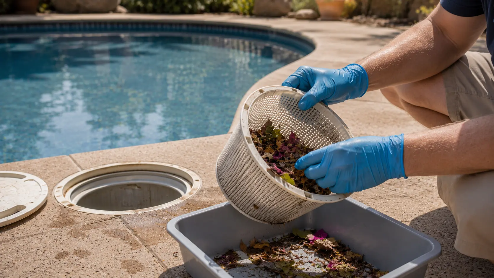 Gloved homeowner emptying a pool-cleaner basket with leaves and flower debris beside the pool.