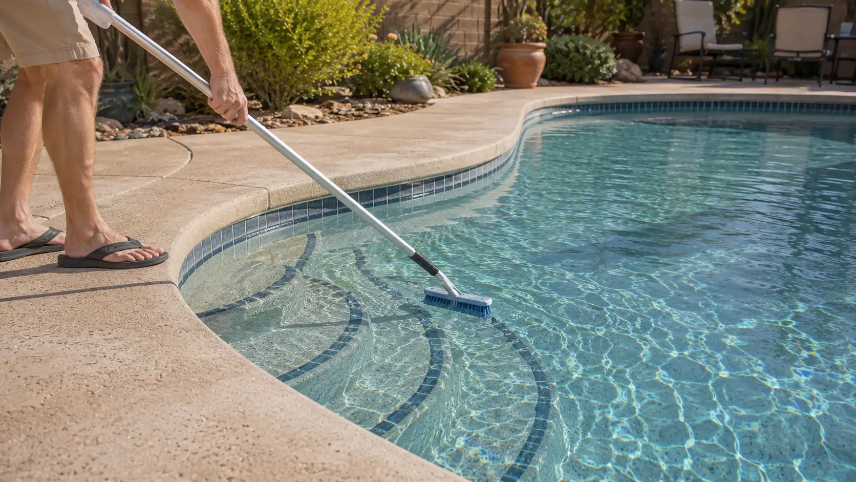 Homeowner brushing pool steps and waterline from the deck with an unbranded pool brush.