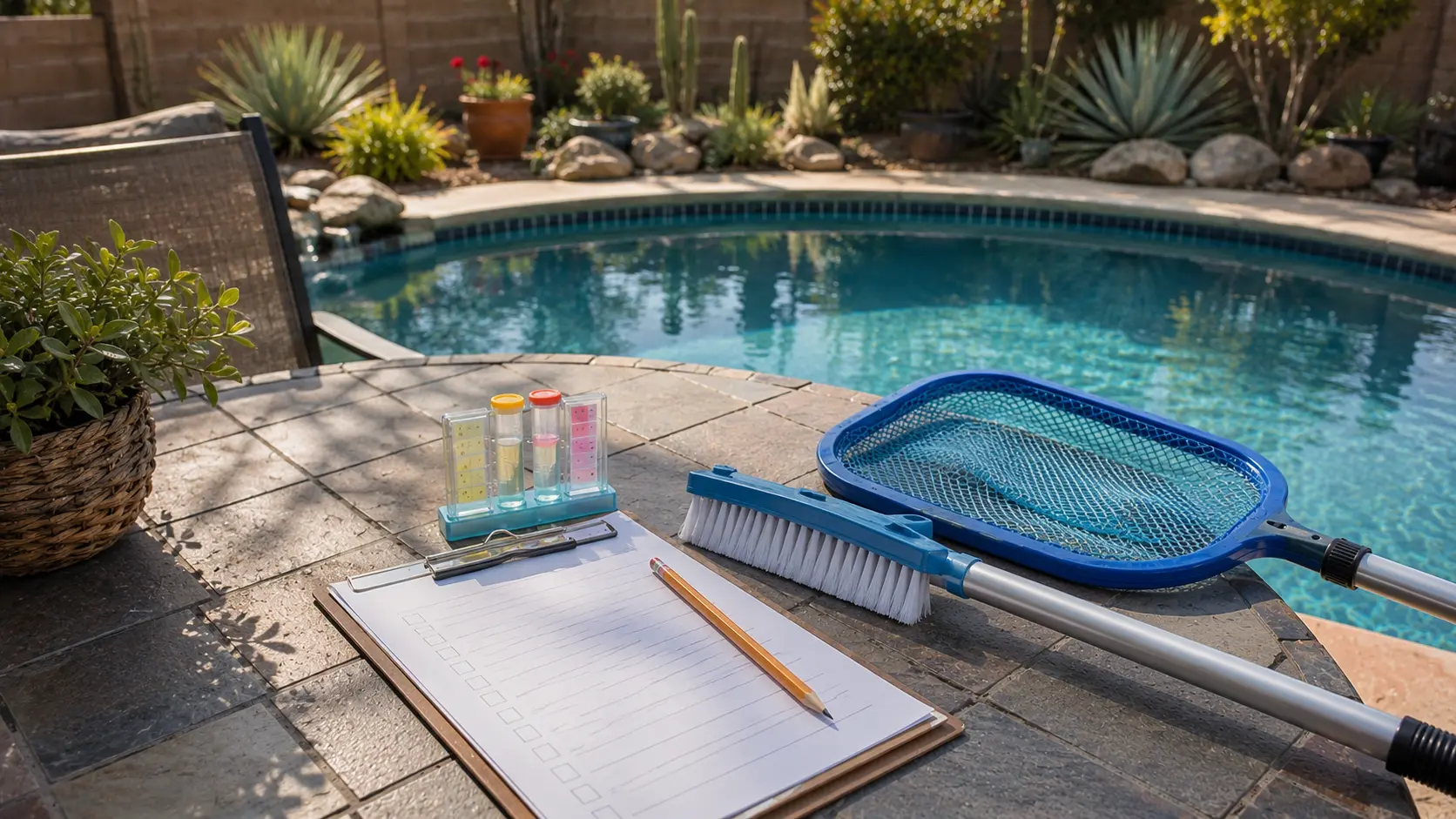Blank pool-care checklist, pencil, and unbranded testing supplies on a patio table beside a backyard pool.