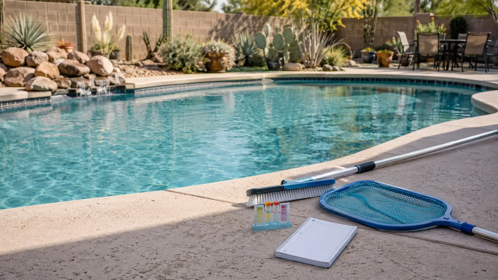 Pool-care tools, a blank notebook, and a clean backyard pool ready for routine homeowner maintenance.