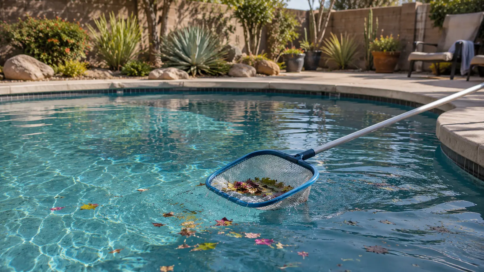 Homeowner skimming leaves and flowers from the surface of a backyard pool after wind.