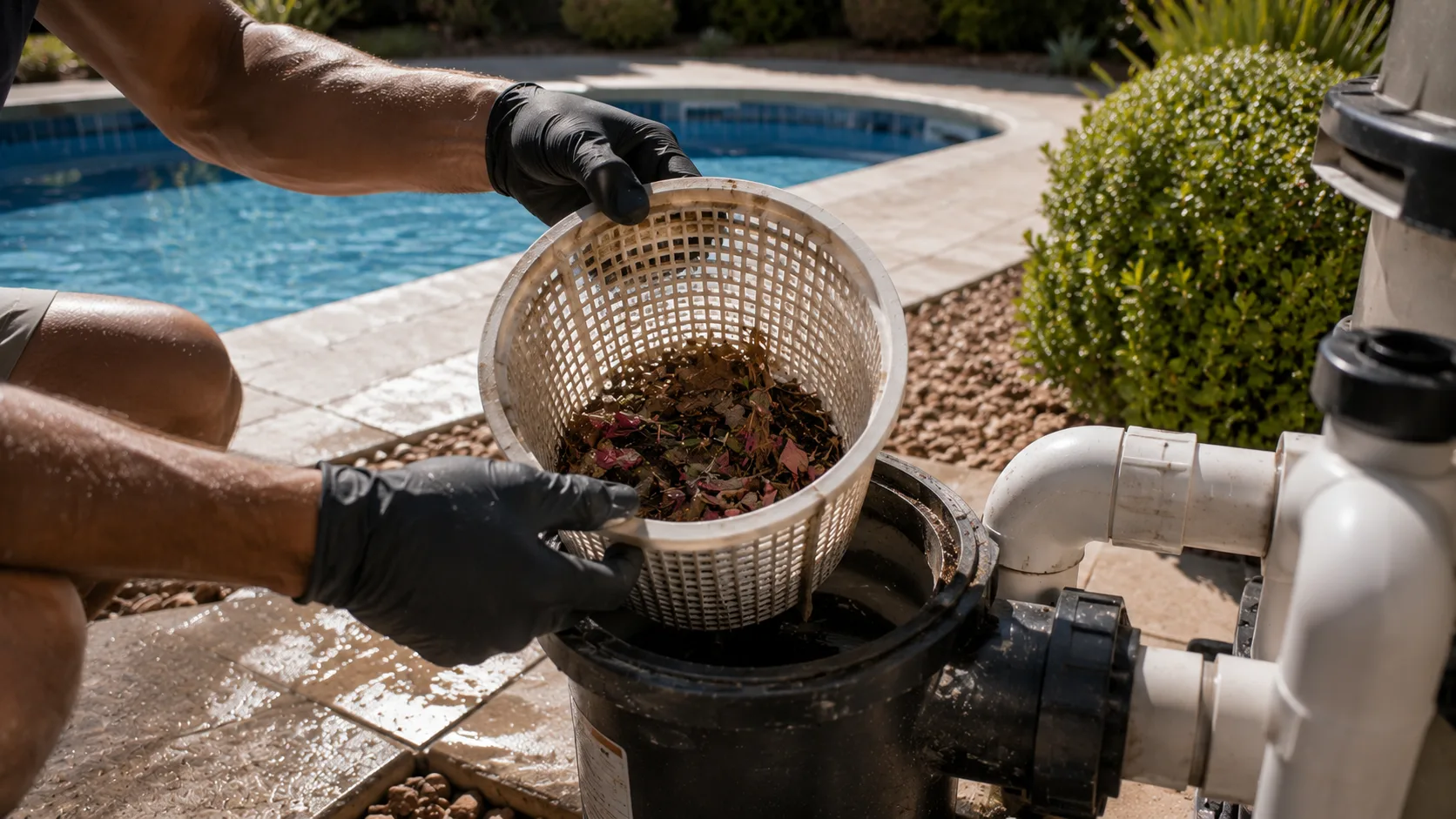 Gloved homeowner checking a generic pool basket with leaves and fine grit before opening the filter.
