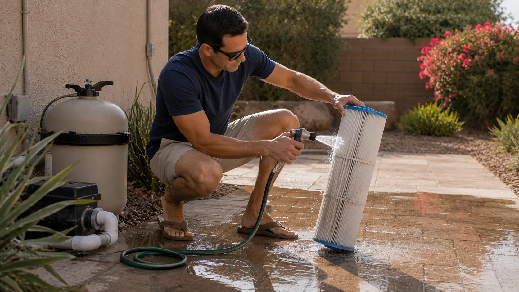 Homeowner gently rinsing a generic pool filter cartridge outdoors with a hose.