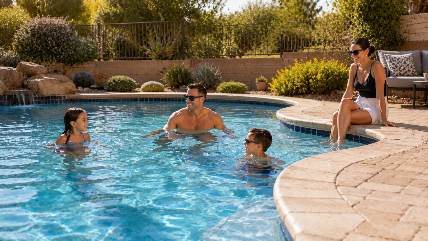 Residents enjoying a clean backyard pool and patio after routine filter and basket maintenance.