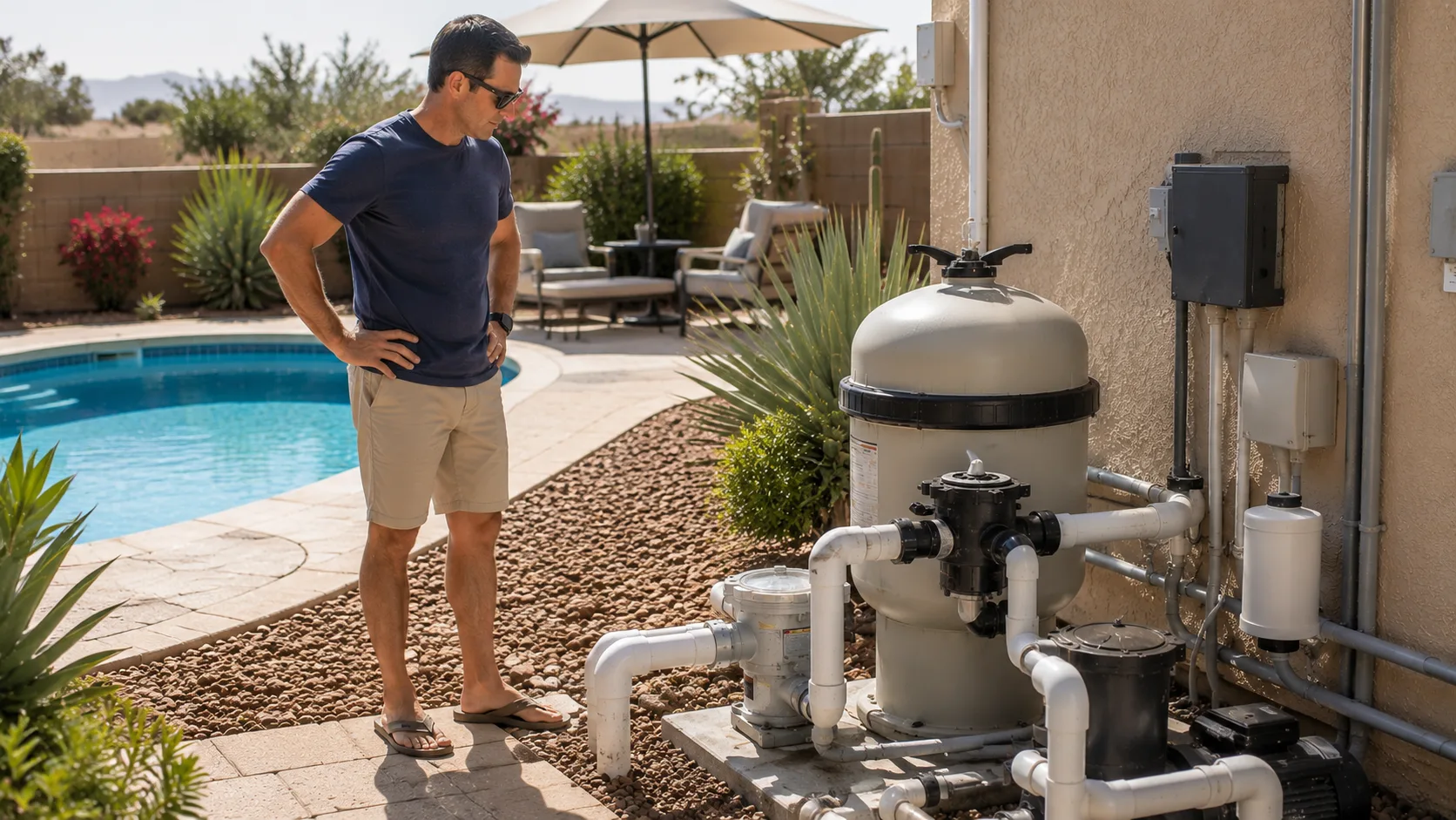 Homeowner standing near a tidy unbranded pool equipment area beside a clean residential pool.
