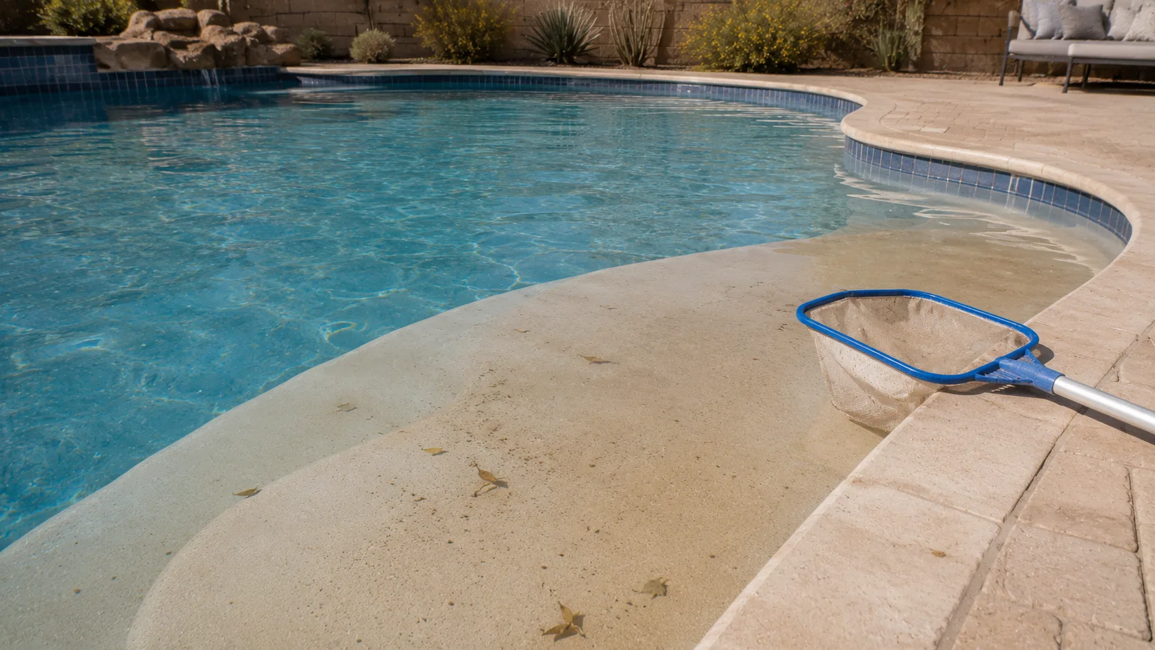 Residential backyard pool with light tan dust on shallow steps after a windy dry-climate day.