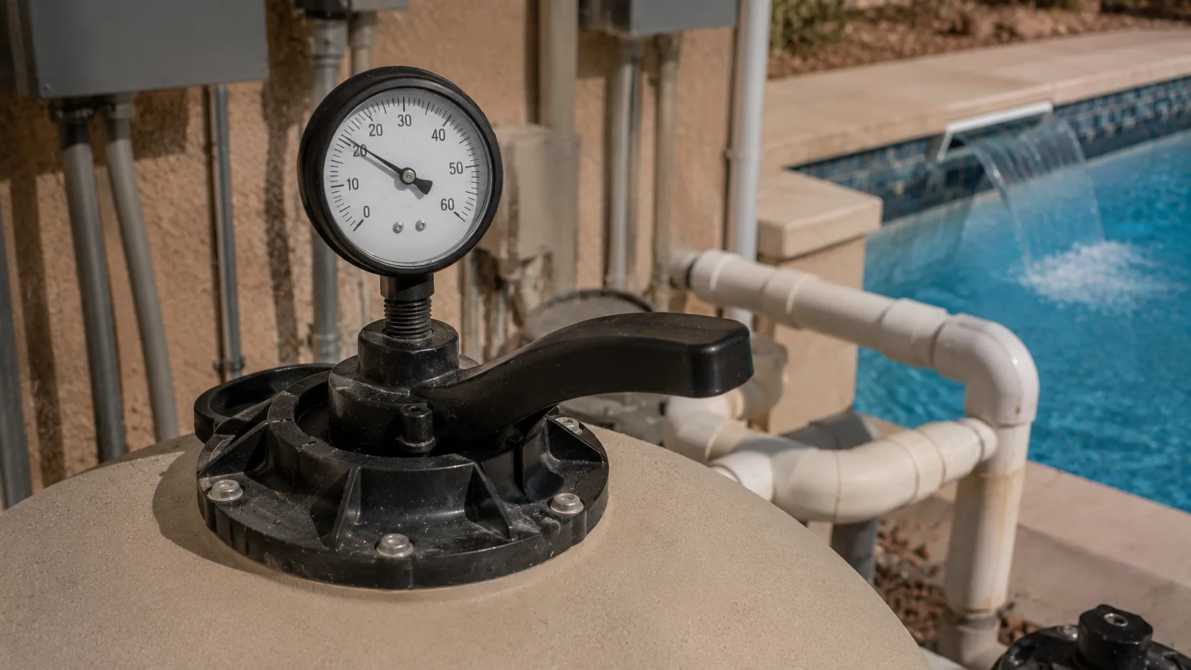Generic pool filter pressure gauge and return-flow context on a residential equipment pad.