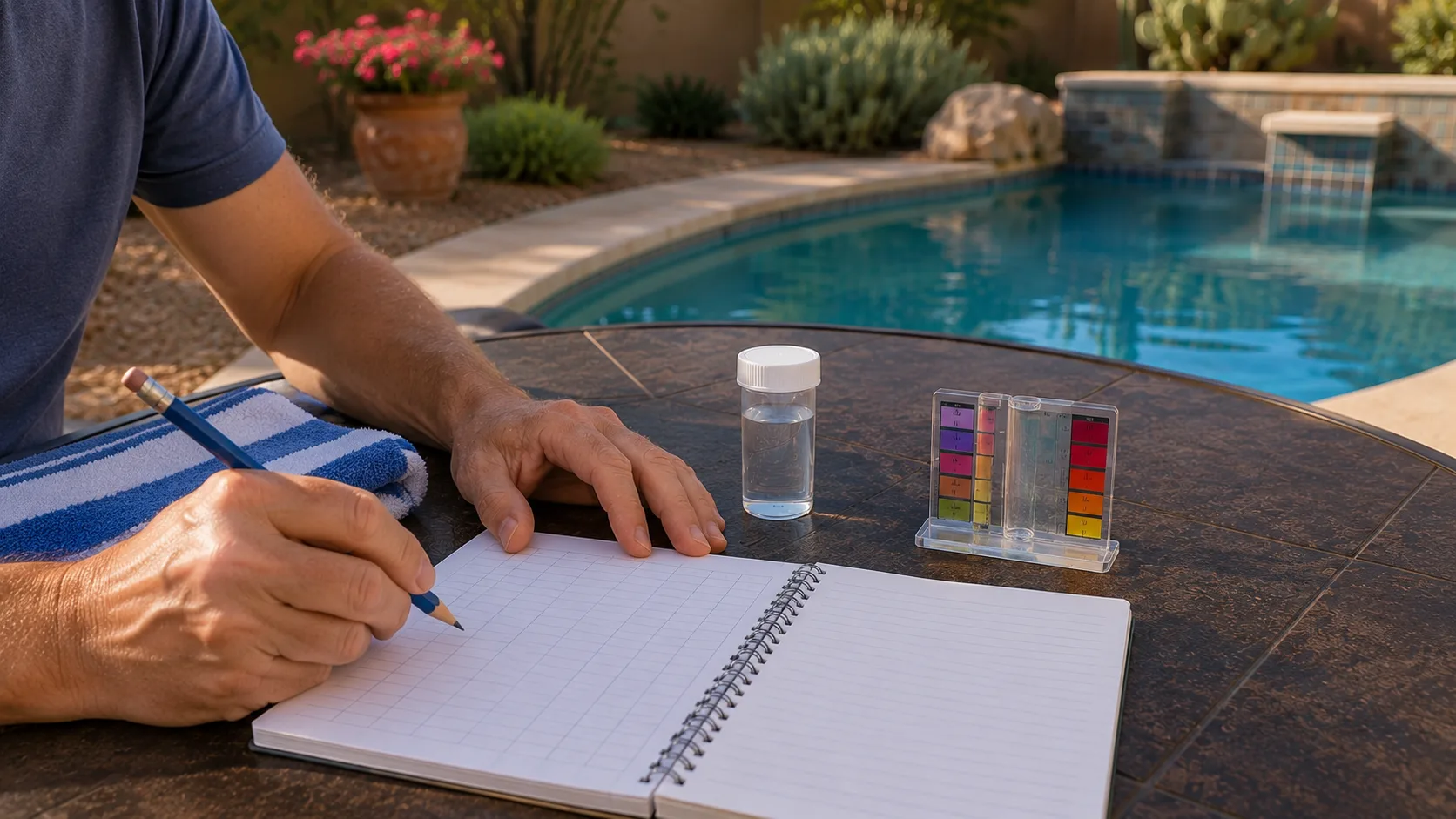 Homeowner writing pool test results into a blank logbook beside generic testing supplies.