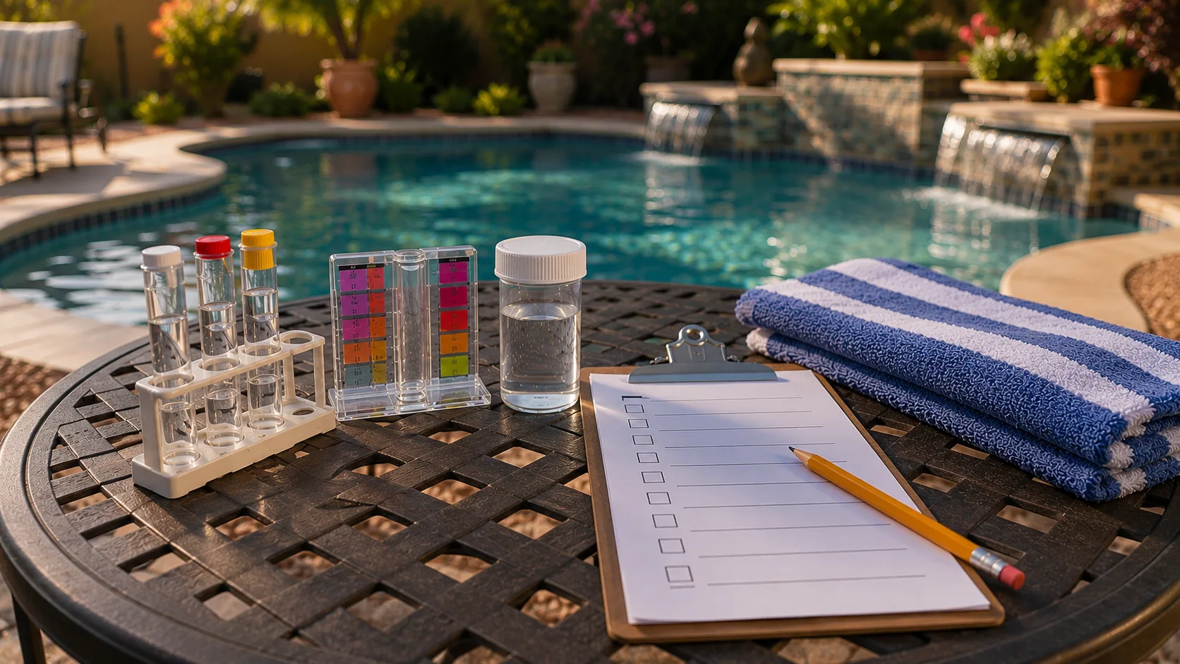Blank pool retesting checklist on a patio table with a water sample cup, pencil, towel, and generic testing supplies.