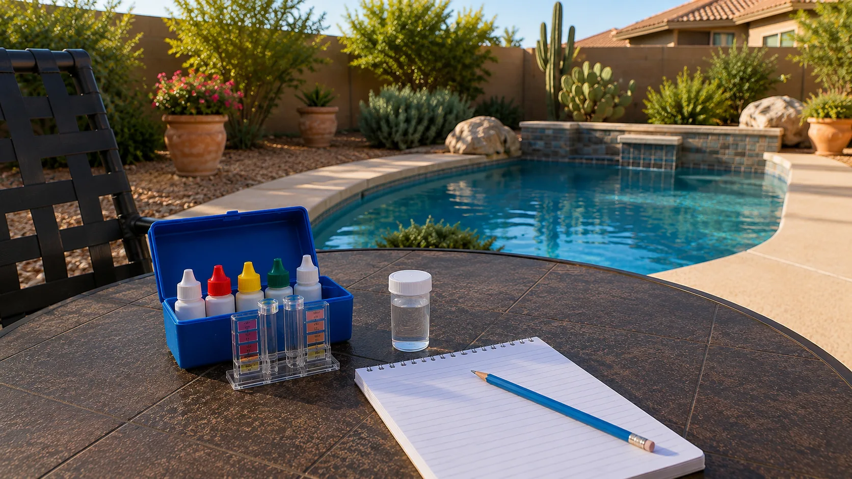 Calm backyard pool testing setup with a blank notebook, pencil, generic test kit, and water sample container.