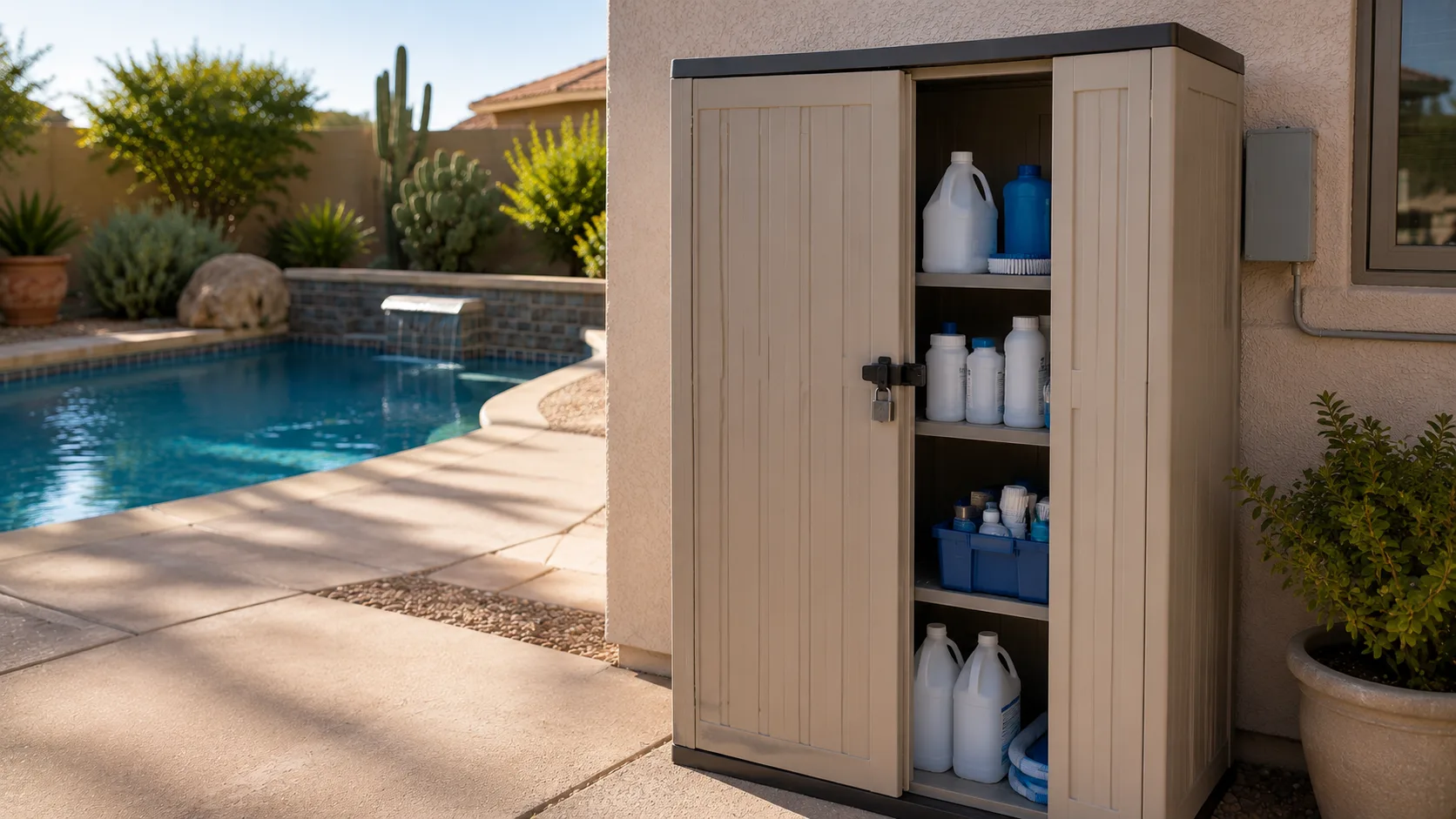 Closed outdoor pool-care storage cabinet with generic supplies stored upright and separated.