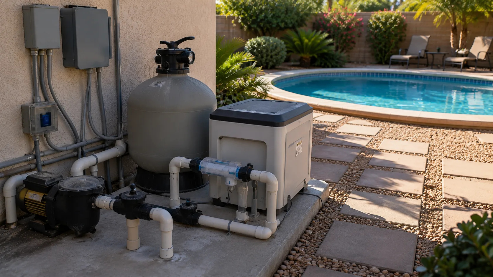 Generic residential saltwater pool equipment context on a tidy equipment pad with no visible branding.