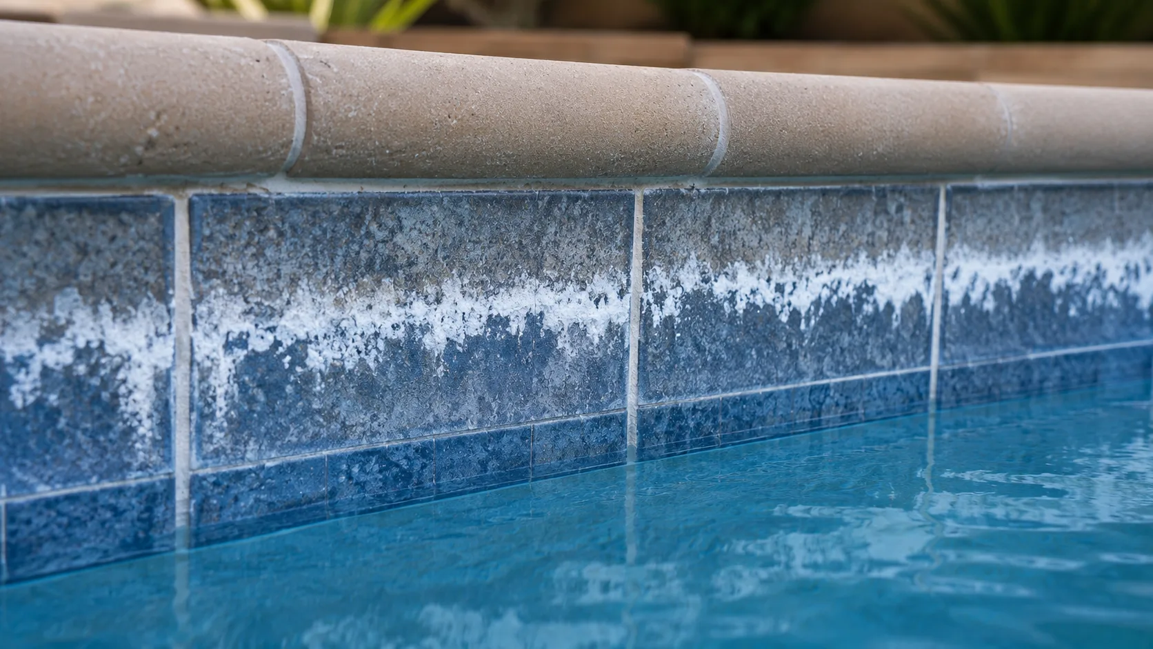 Close-up of mild chalky white buildup on neutral pool waterline tile above clean blue water.