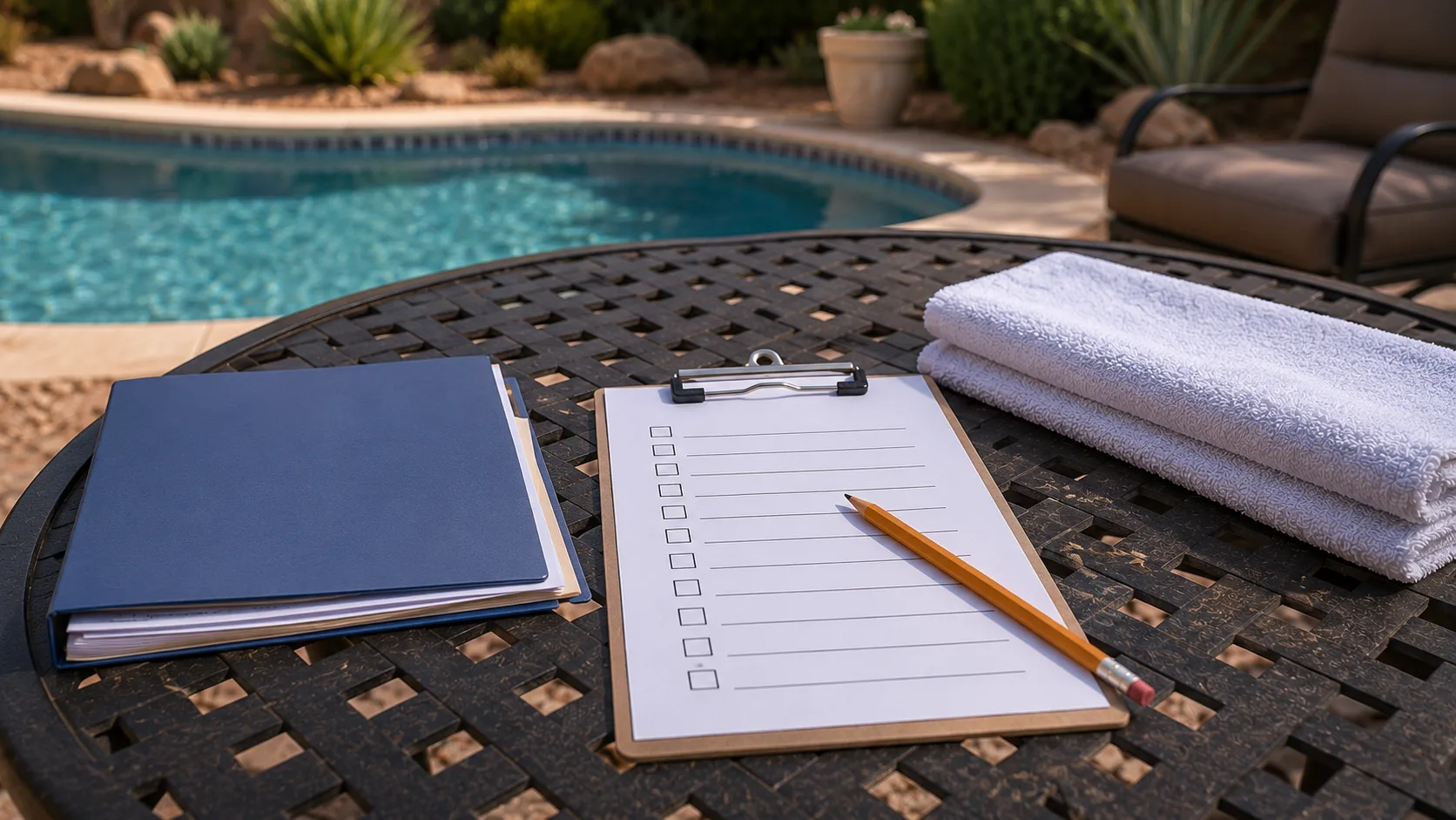 Pool surface-care paperwork and a blank checklist on a patio table beside a backyard pool.