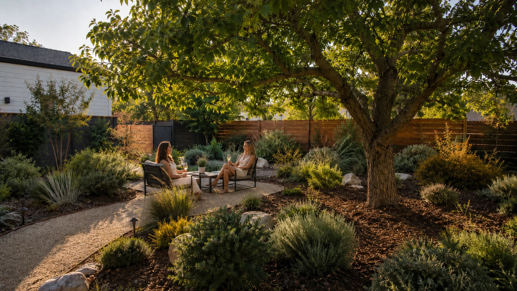 Shade tree casting dappled shade over a seating area with low-water plants and organic mulch.