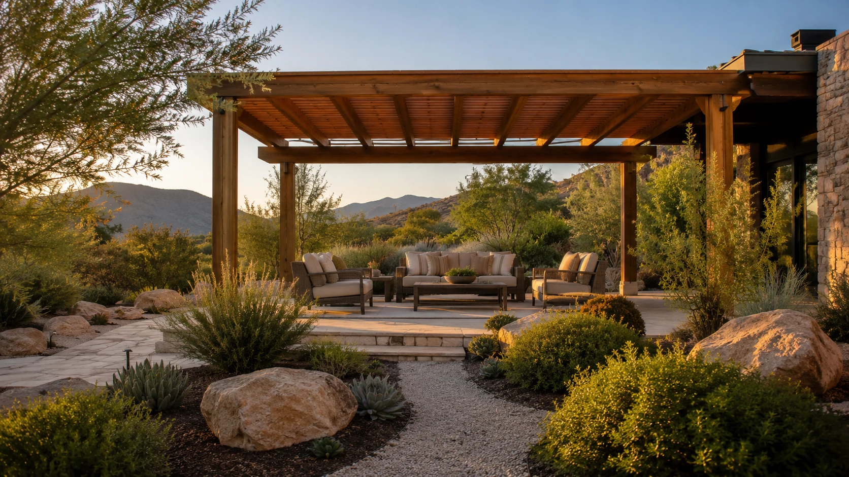 Pergola shading a low-water patio with drought-tolerant plants, gravel, and warm outdoor seating.