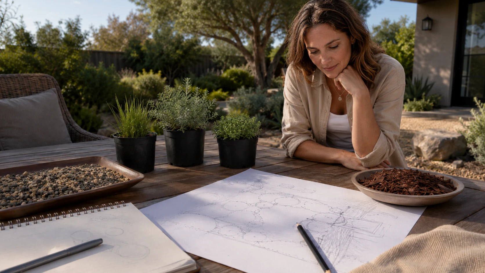 Outdoor planning table with a blank yard sketch, plant samples, and materials for adding shade to a low-water yard.
