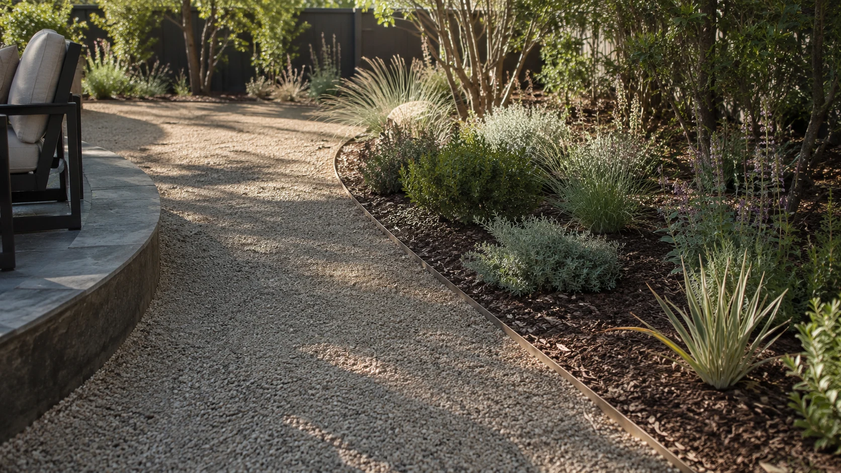 Dappled shade over a decomposed granite path beside a mulched low-water planting bed.