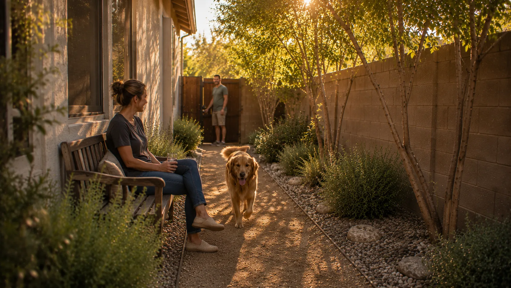 Residents and a dog enjoying a clean, usable low-water side yard with shade, dry-climate planting, and a tidy dog route.